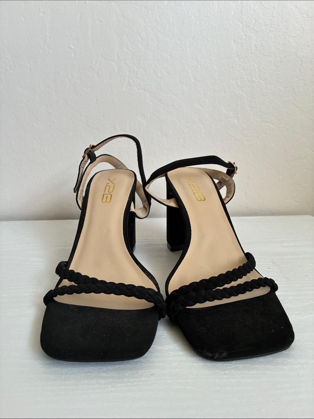 X2 Black Braided Strap Block Heel Sandals